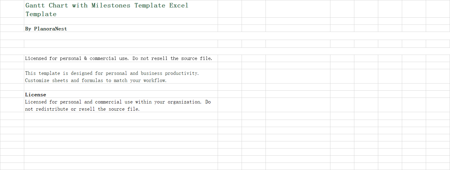 gantt chart with milestones template excel template screenshot — PlanoraNest Excel template