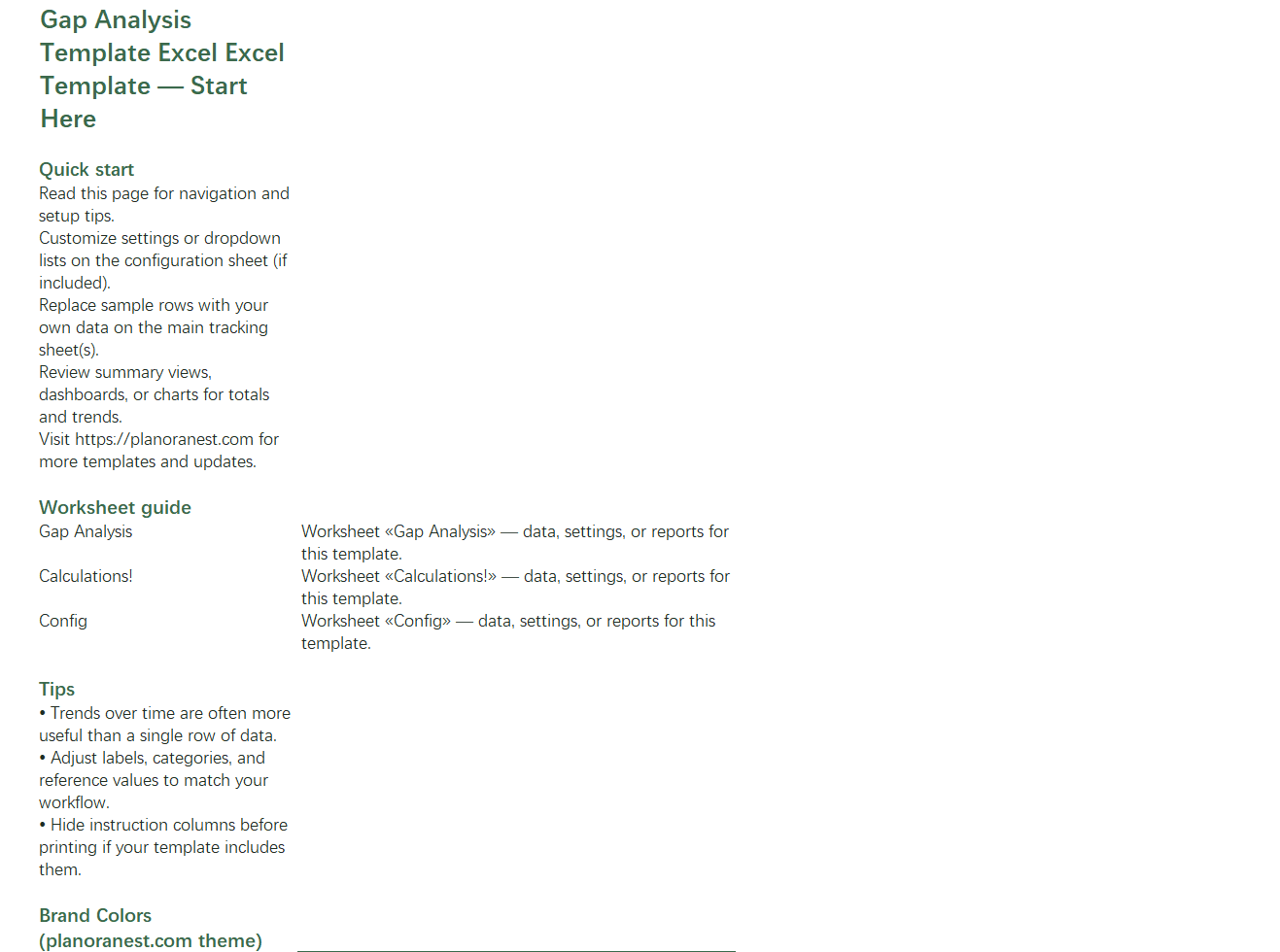 excel gap analysis template excel template start here screenshot — PlanoraNest Excel template