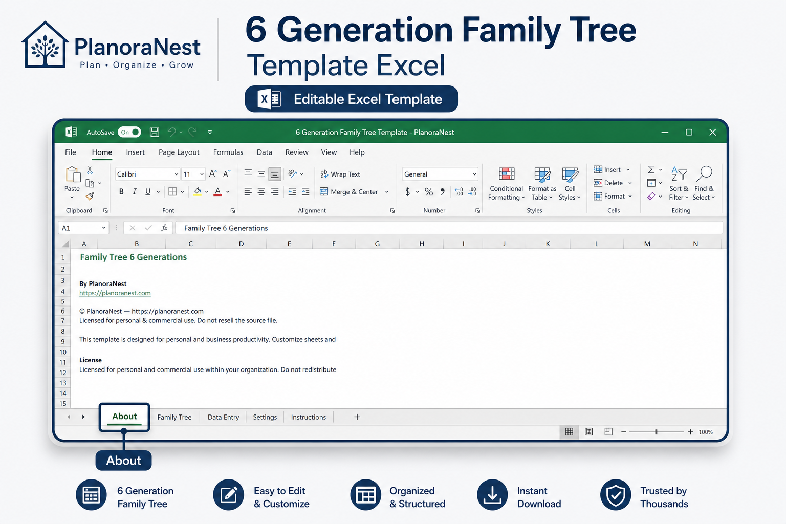 excel family tree template 6 generations screenshot -- PlanoraNest Excel template