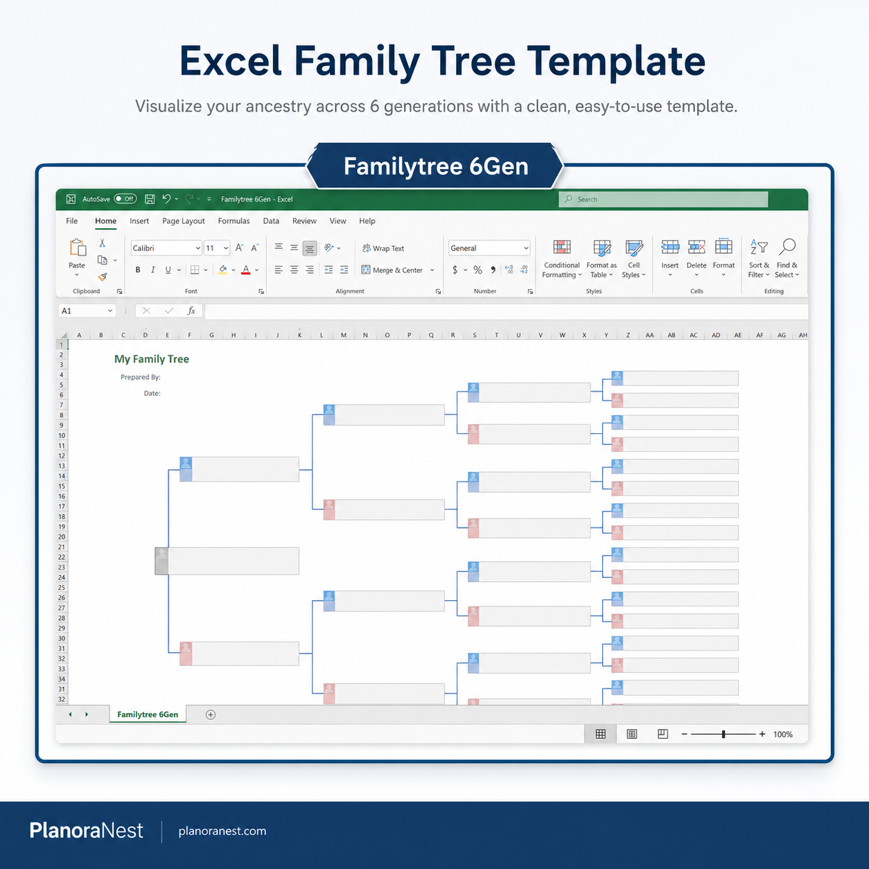 excel family tree template 6 generations screenshot -- PlanoraNest Excel template