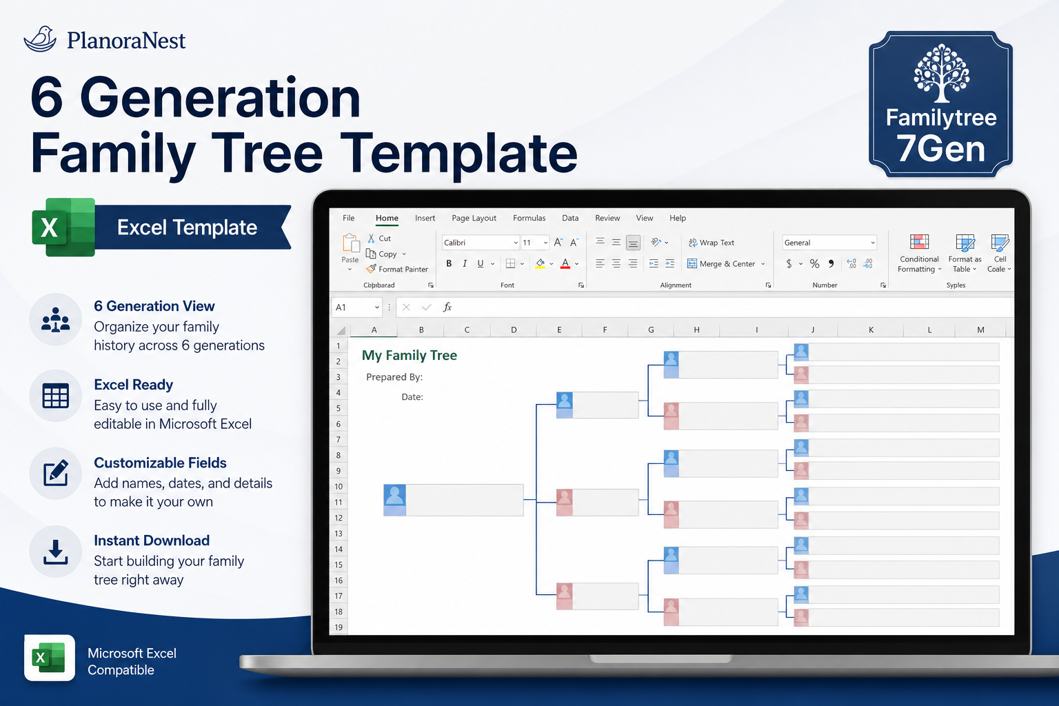 excel family tree template 6 generations screenshot -- PlanoraNest Excel template