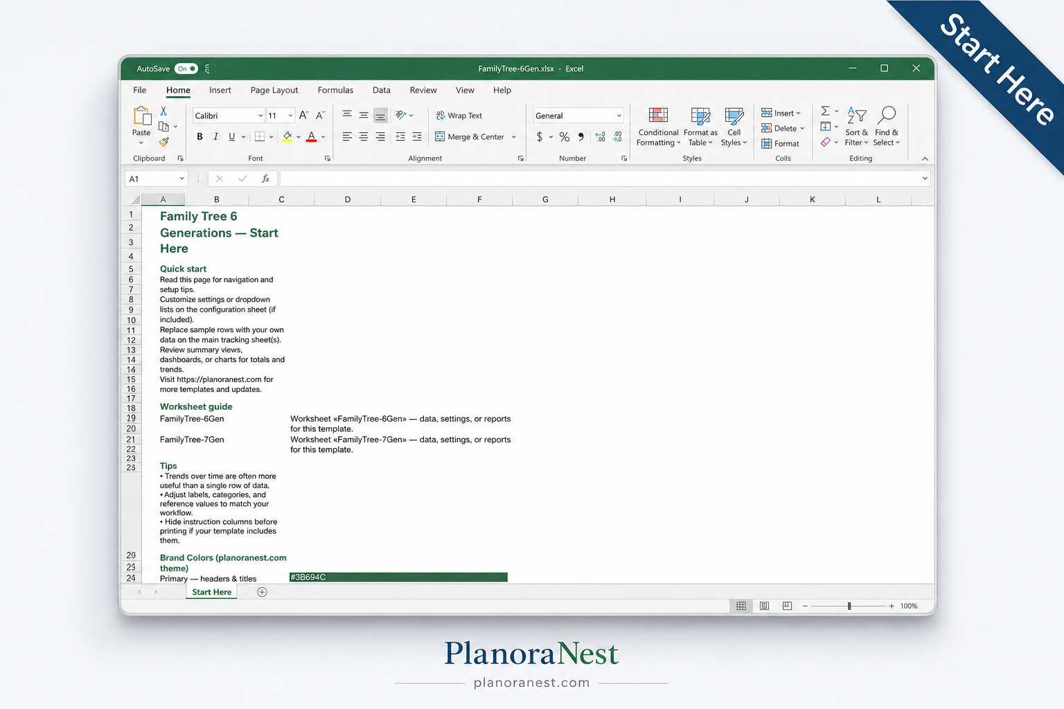 excel family tree template 6 generations start here screenshot -- PlanoraNest Excel template