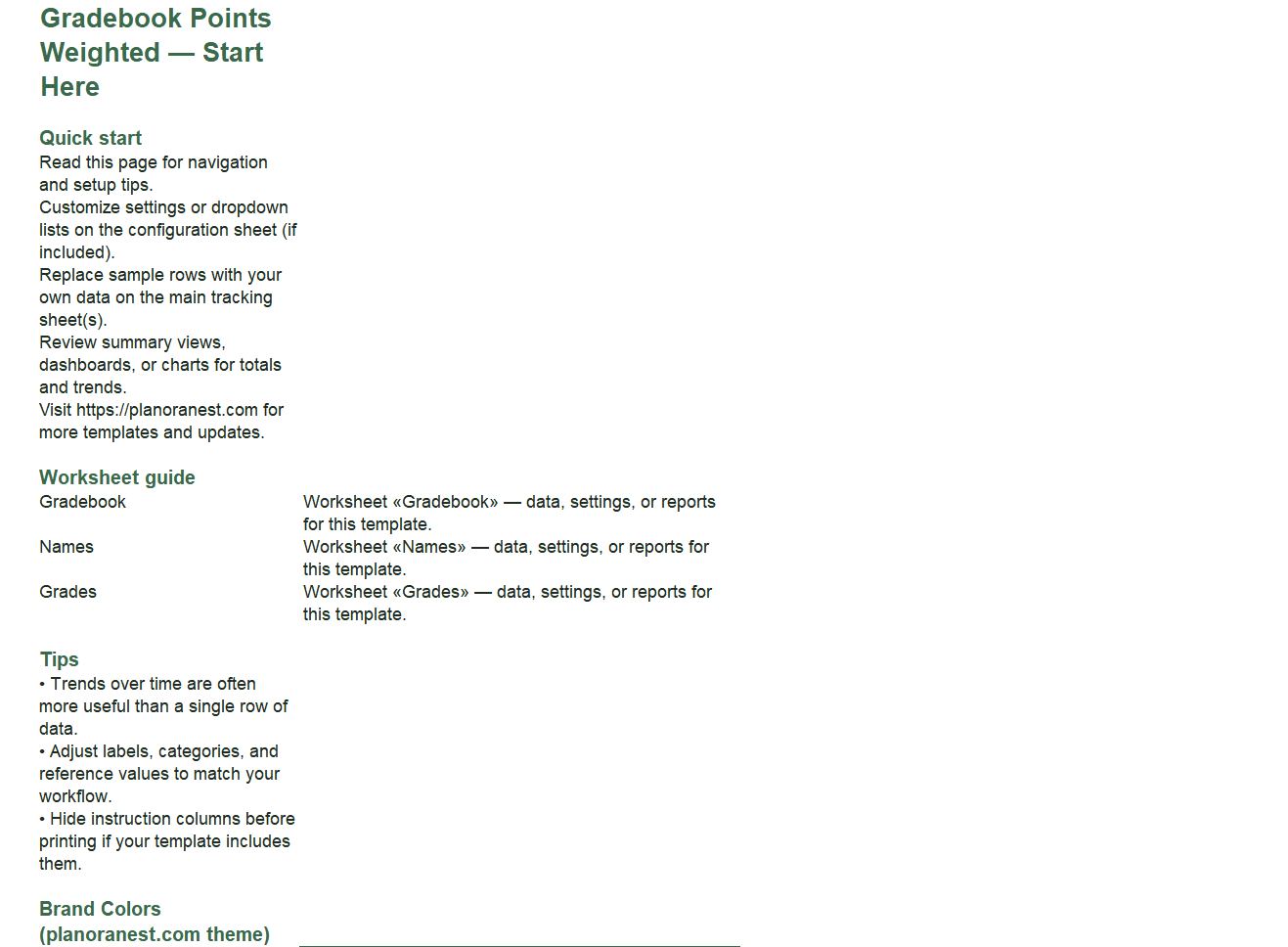 excel gradebook points weighted template start here screenshot — PlanoraNest Excel template