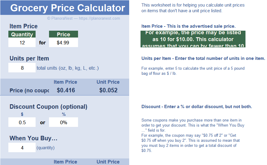 grocery price book template excel — PriceCalculator sheet