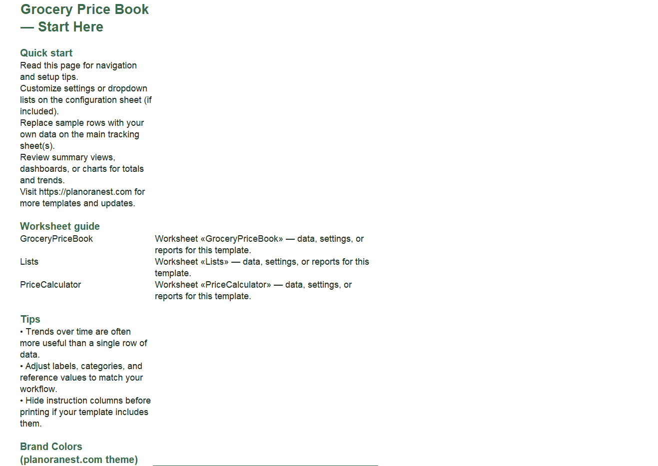 grocery price book template excel — Start Here sheet