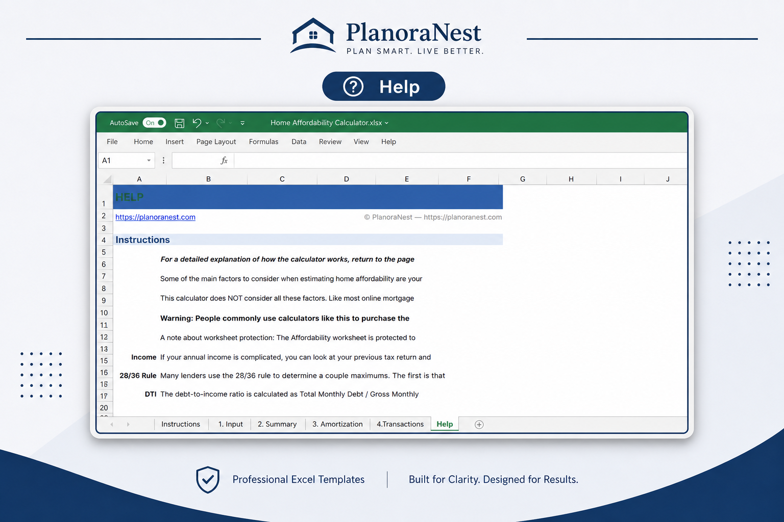 home affordability calculator excel — Help sheet