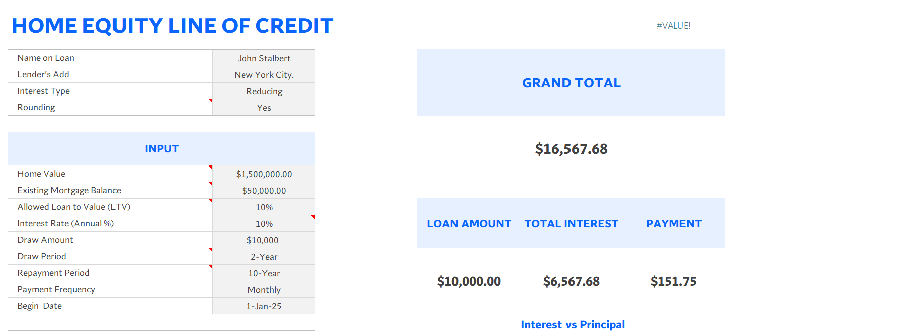 excel home equity line of credit calculator excel template screenshot — PlanoraNest Excel template