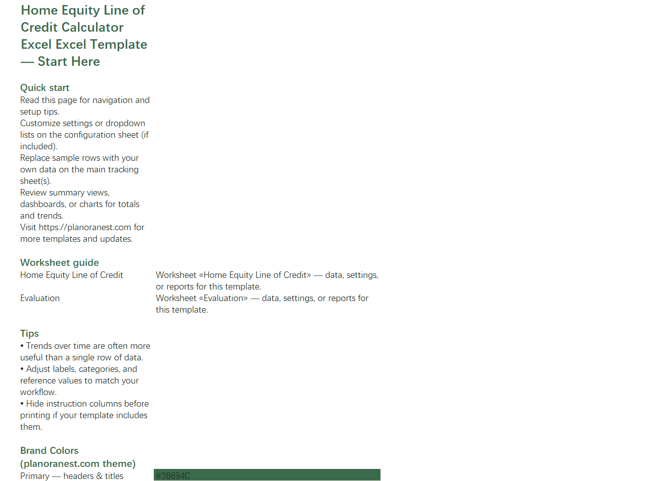 home equity line of credit calculator excel excel start here screenshot — PlanoraNest Excel template