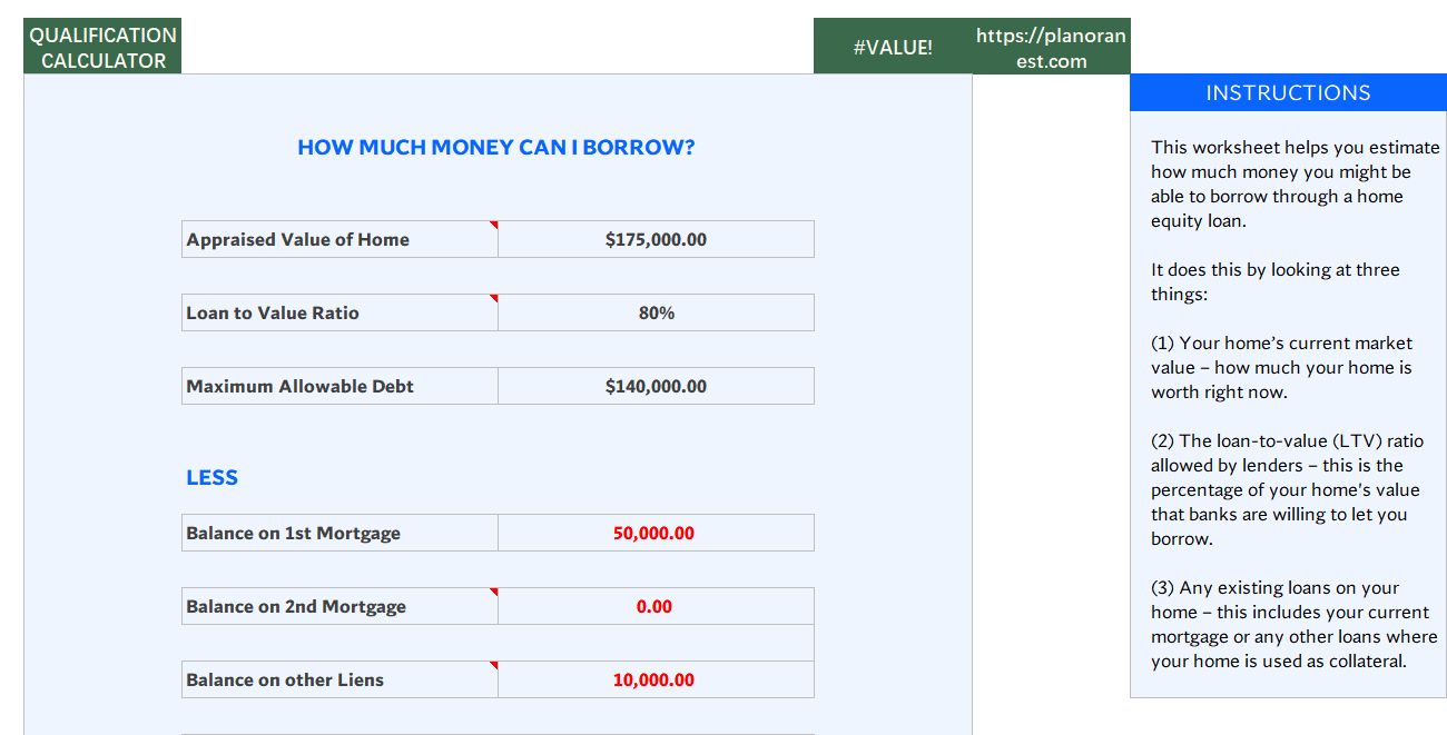excel home equity loan calculator excel template screenshot — PlanoraNest Excel template
