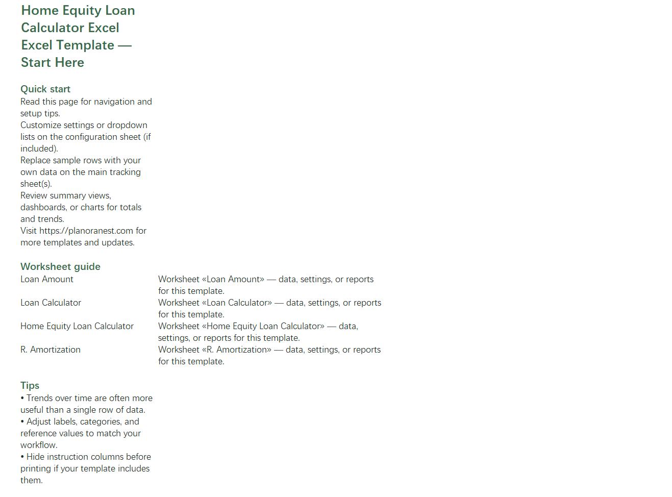 excel home equity loan calculator excel template start here screenshot — PlanoraNest Excel template