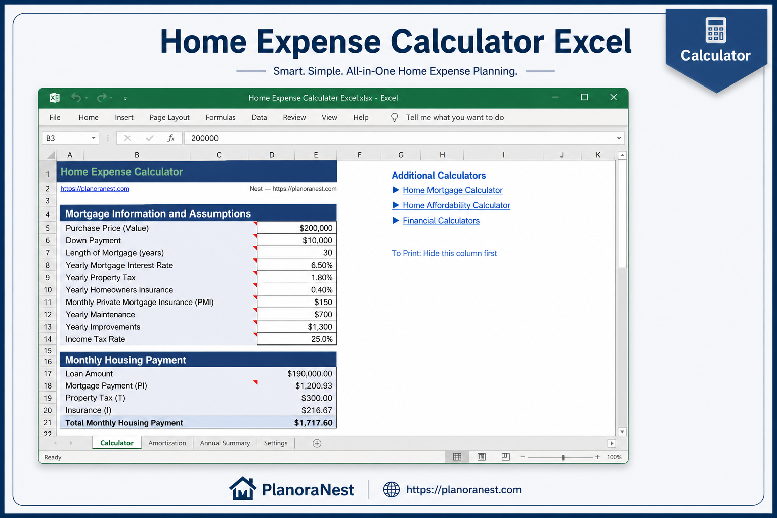 home expense calculator excel screenshot — PlanoraNest Excel template