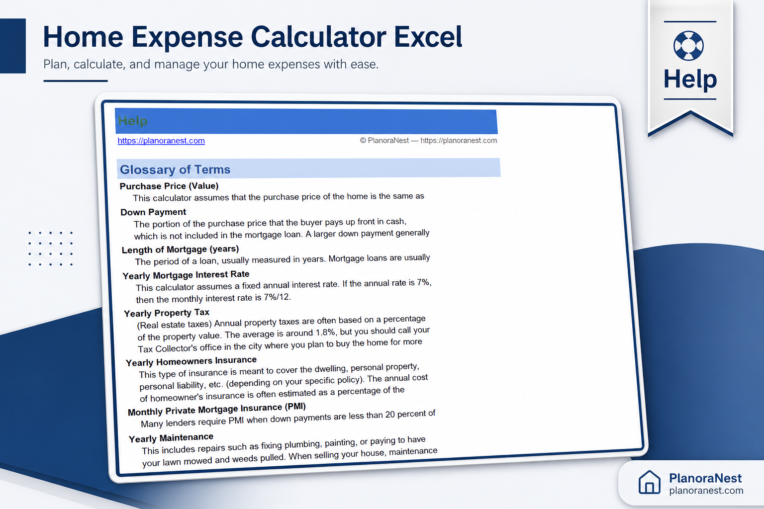 home expense calculator excel — Help sheet