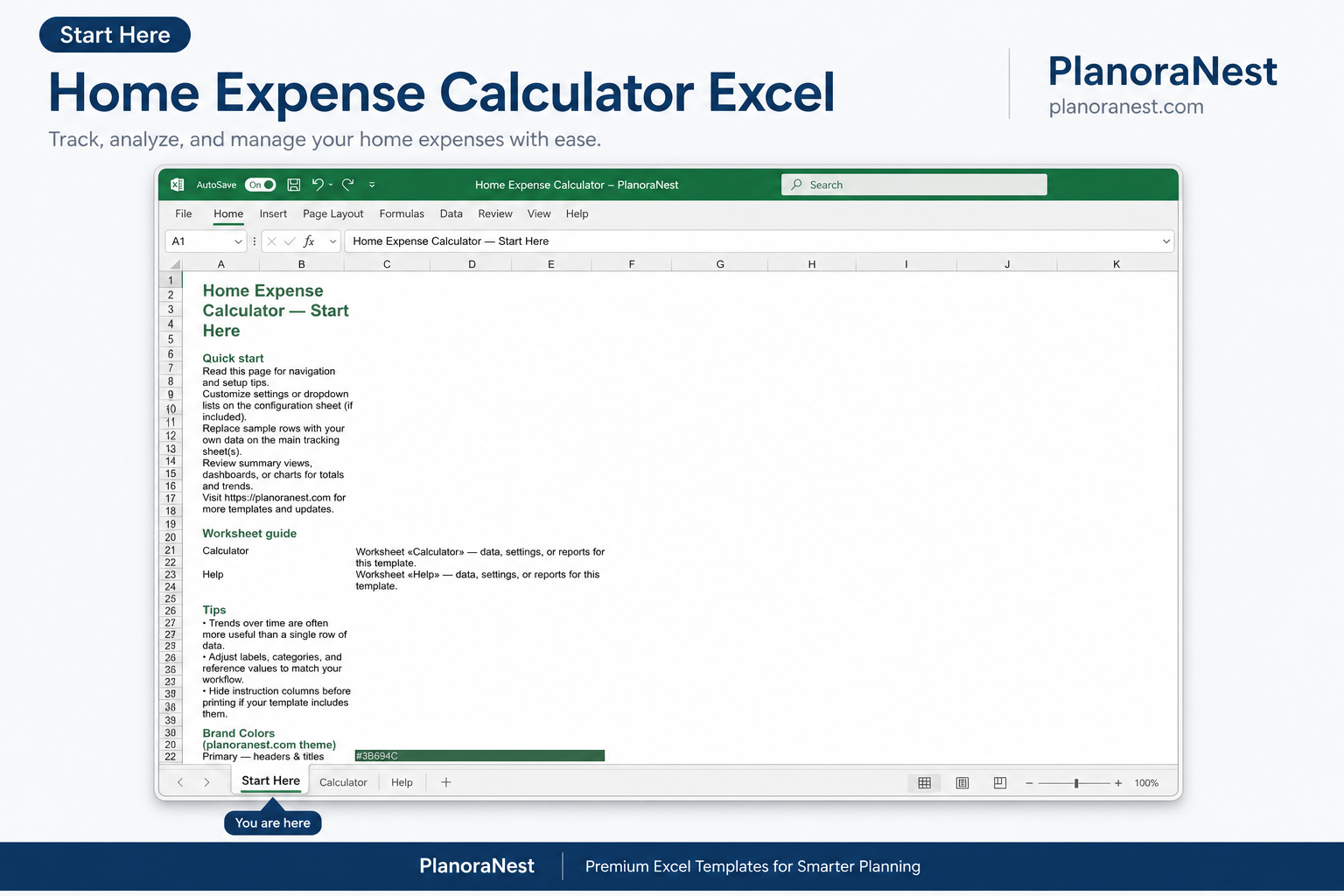 home expense calculator excel — Start Here sheet