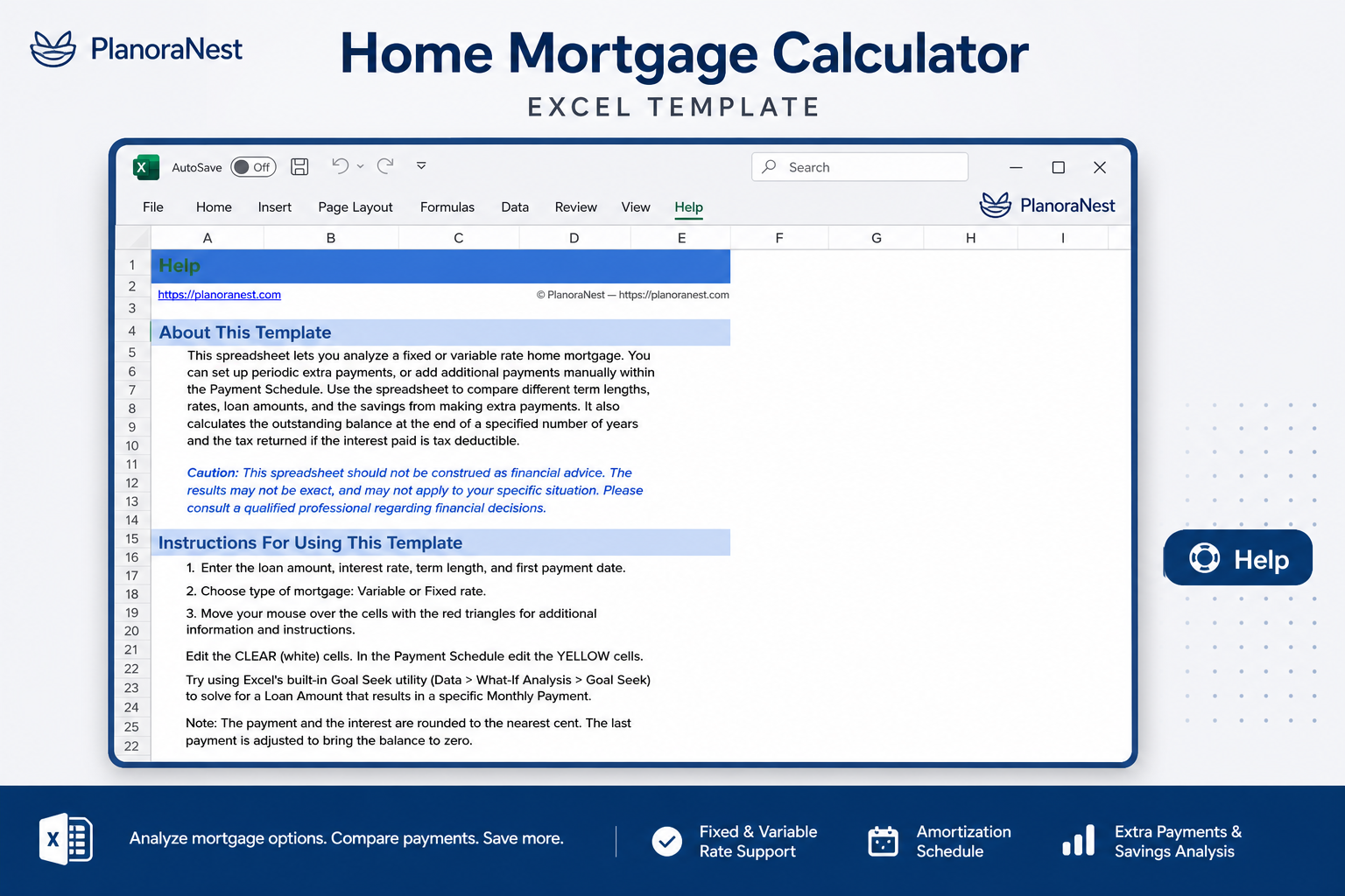 home mortgage calculator excel template — Help sheet