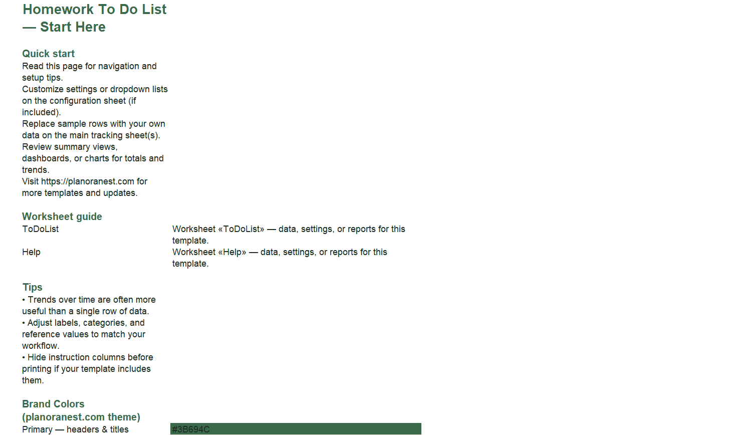 homework to do list excel template — Start Here sheet