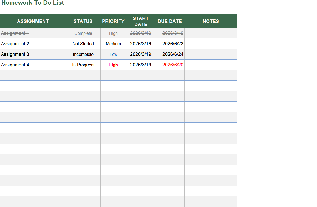 homework to do list excel template — ToDoList sheet