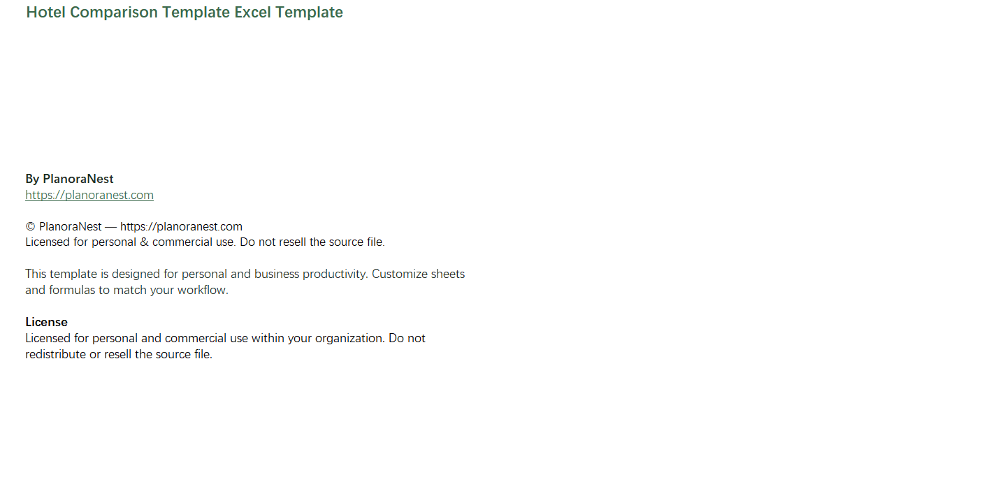 hotel comparison template excel screenshot — PlanoraNest Excel template
