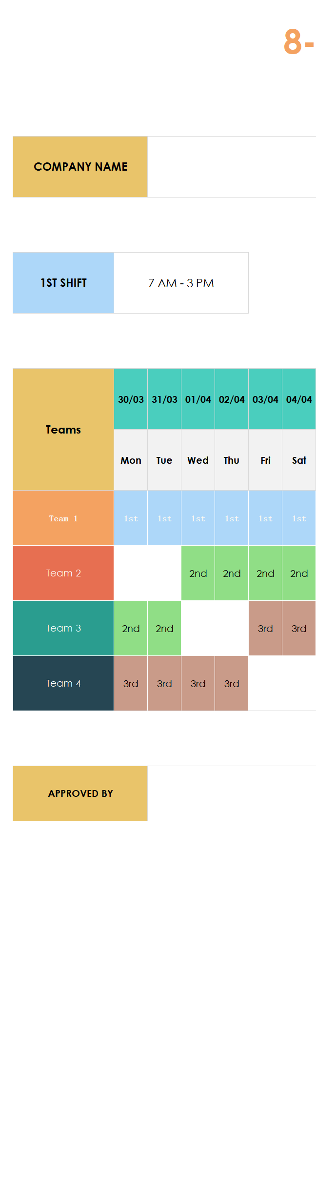 8-hour shift schedule template excel screenshot — PlanoraNest Excel template