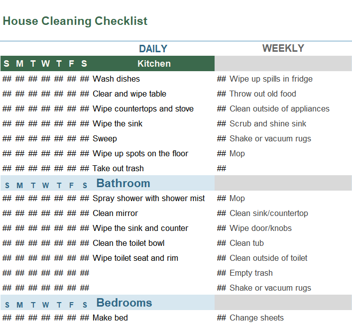 house cleaning checklist 2 excel screenshot — PlanoraNest Excel template