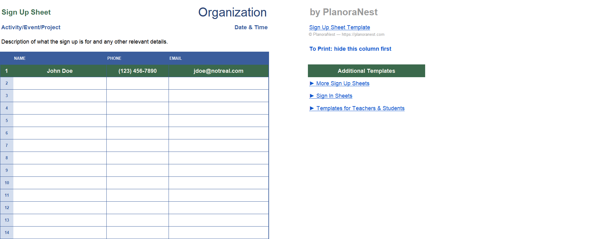 how to make a simple sign up sheet on excel screenshot — PlanoraNest Excel template