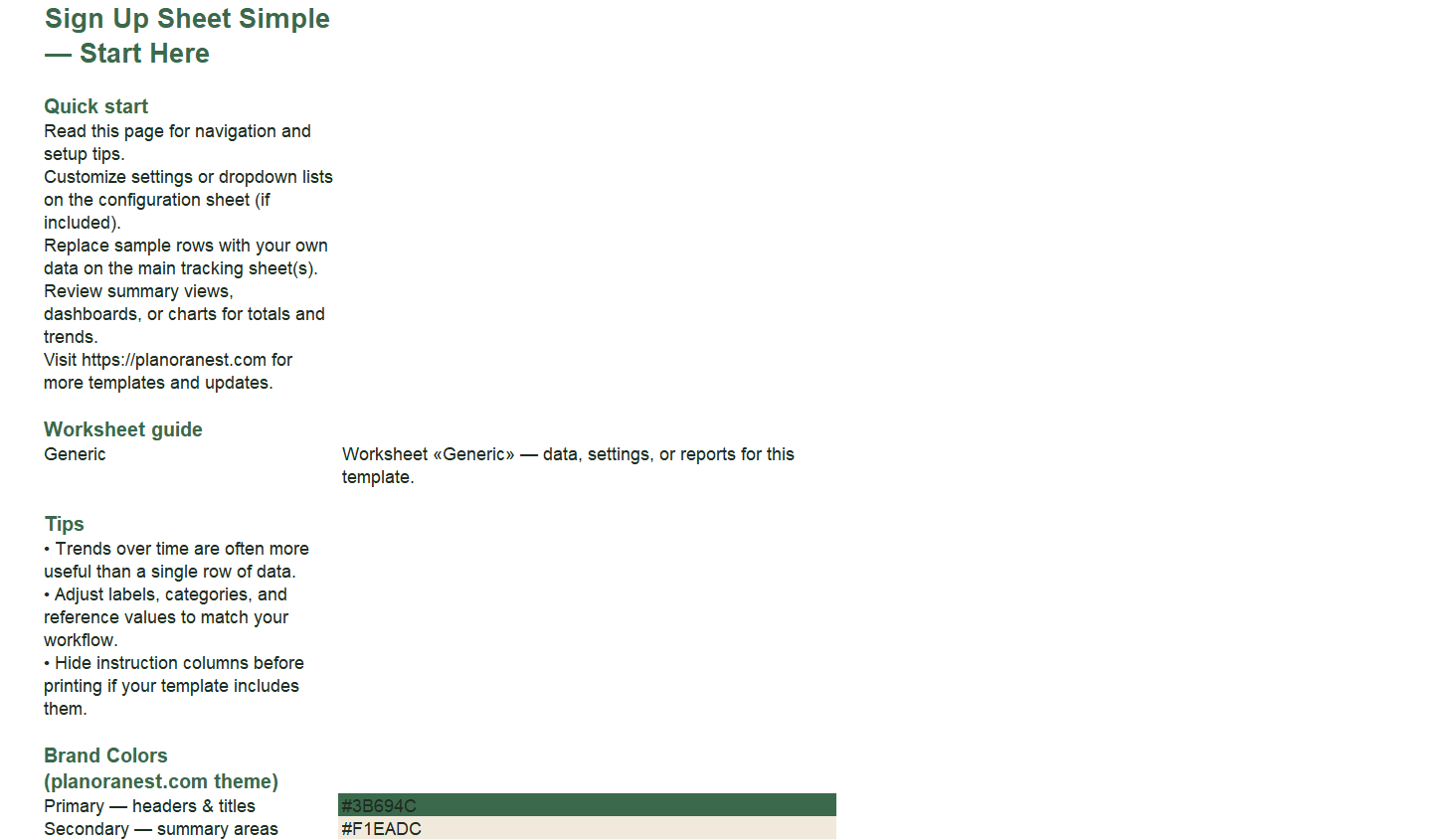 how to make a simple sign up sheet on excel start here screenshot — PlanoraNest Excel template