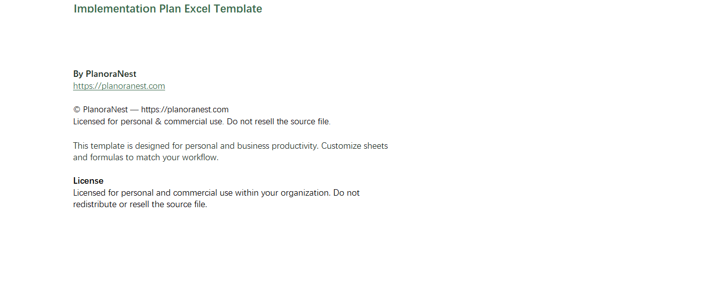 excel implementation plan template screenshot — PlanoraNest Excel template