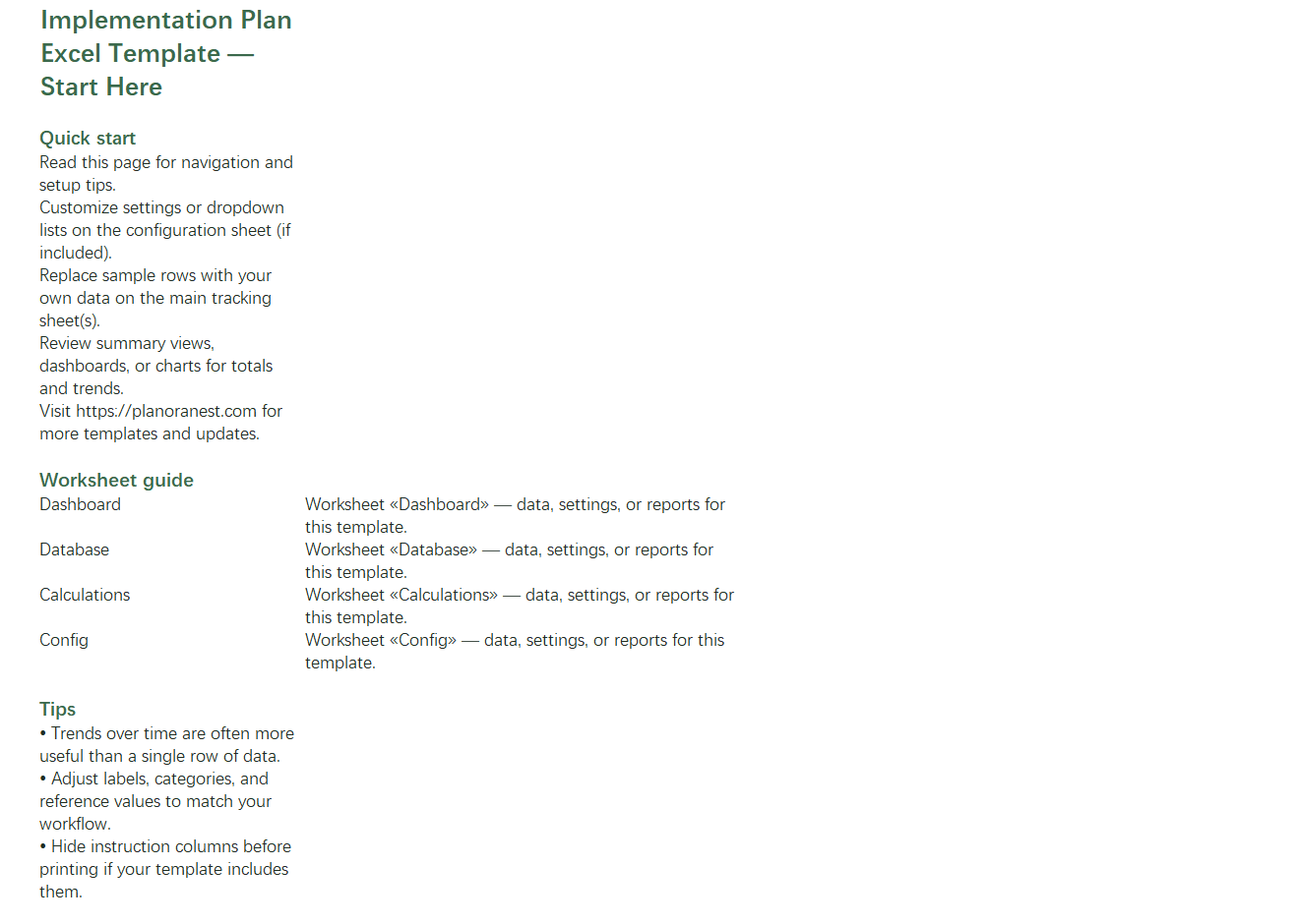 implementation plan excel start here screenshot — PlanoraNest Excel template
