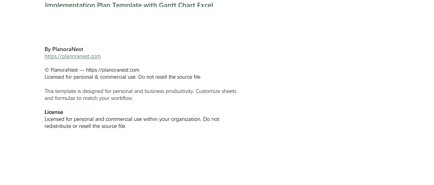 implementation plan template with gantt chart excel screenshot — PlanoraNest Excel template