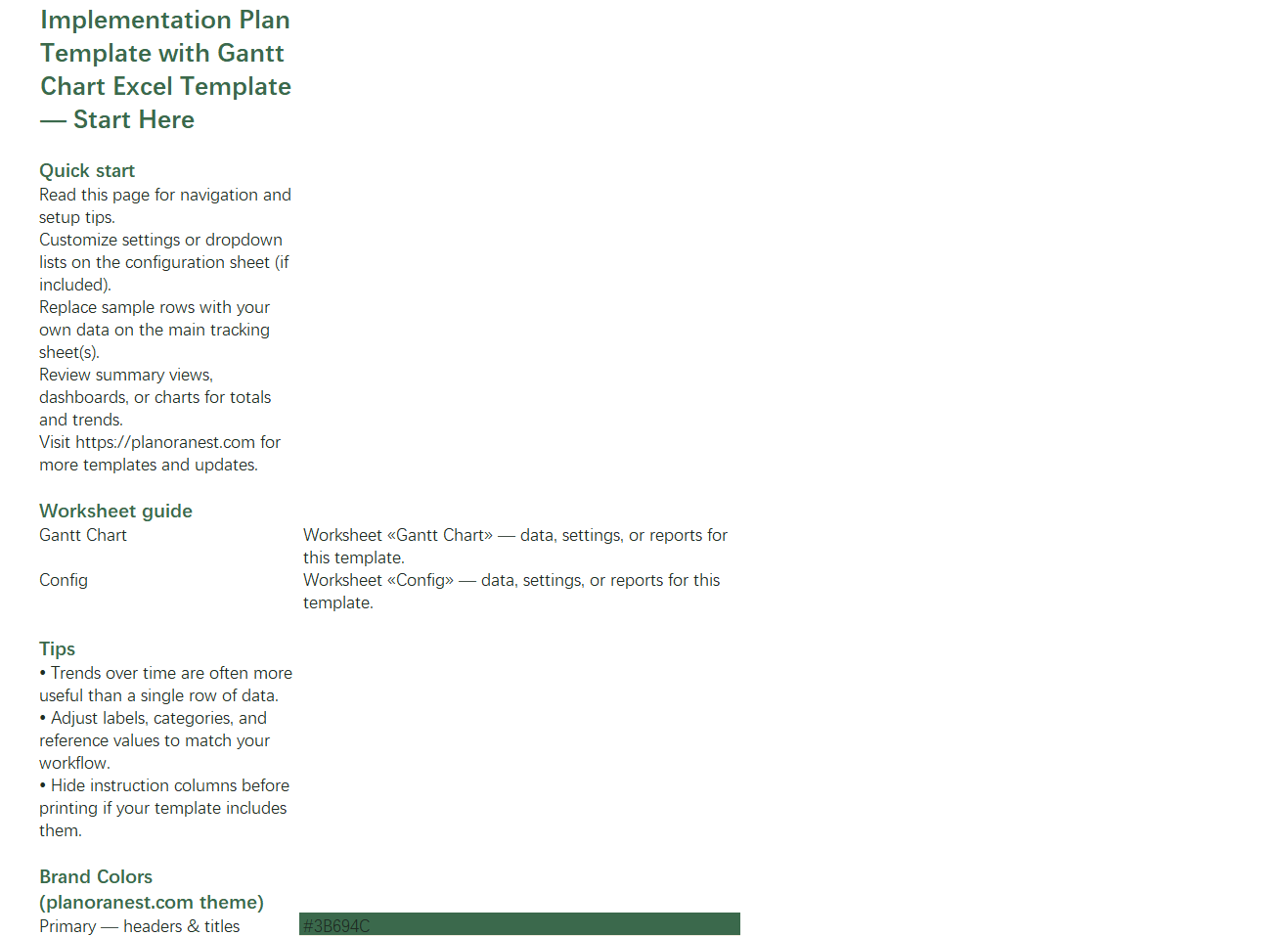 excel implementation plan template with gantt chart template start here screenshot — PlanoraNest Excel template