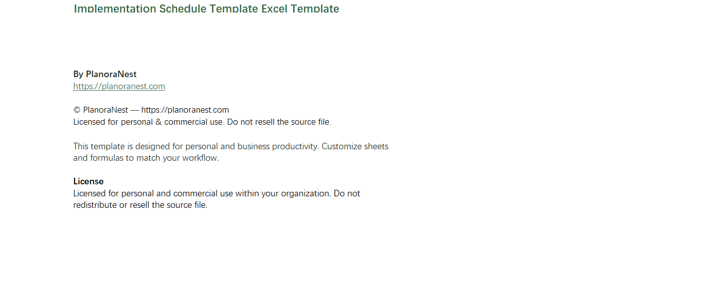 implementation schedule template excel screenshot — PlanoraNest Excel template
