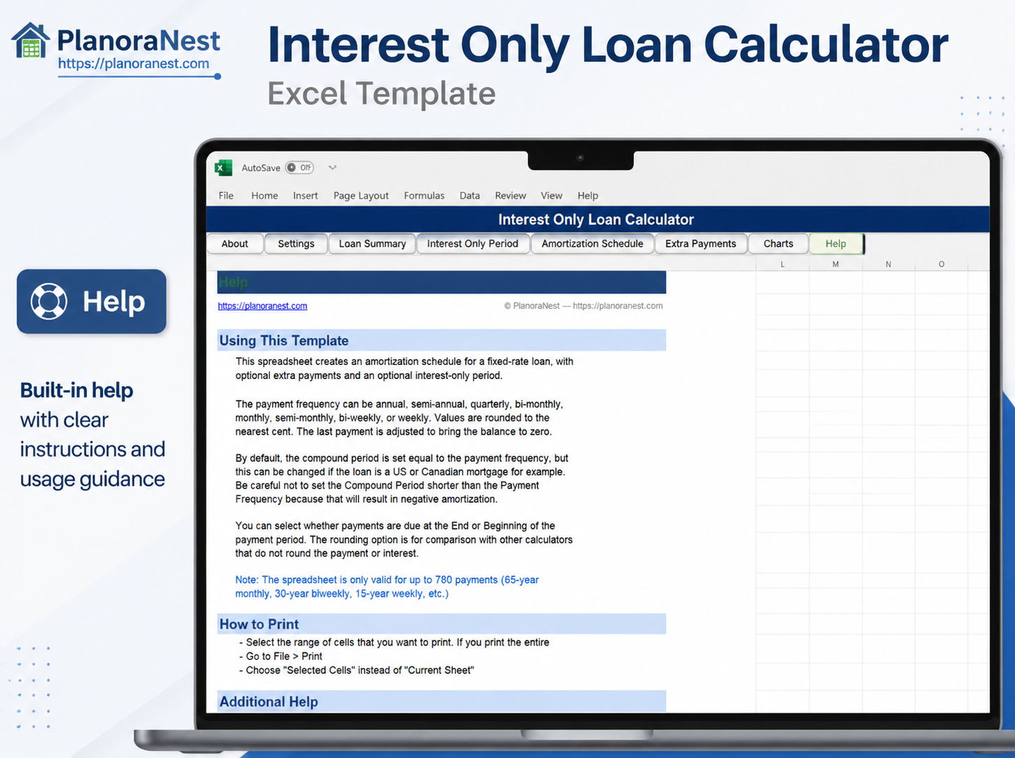 interest only loan calculator excel template — Help sheet