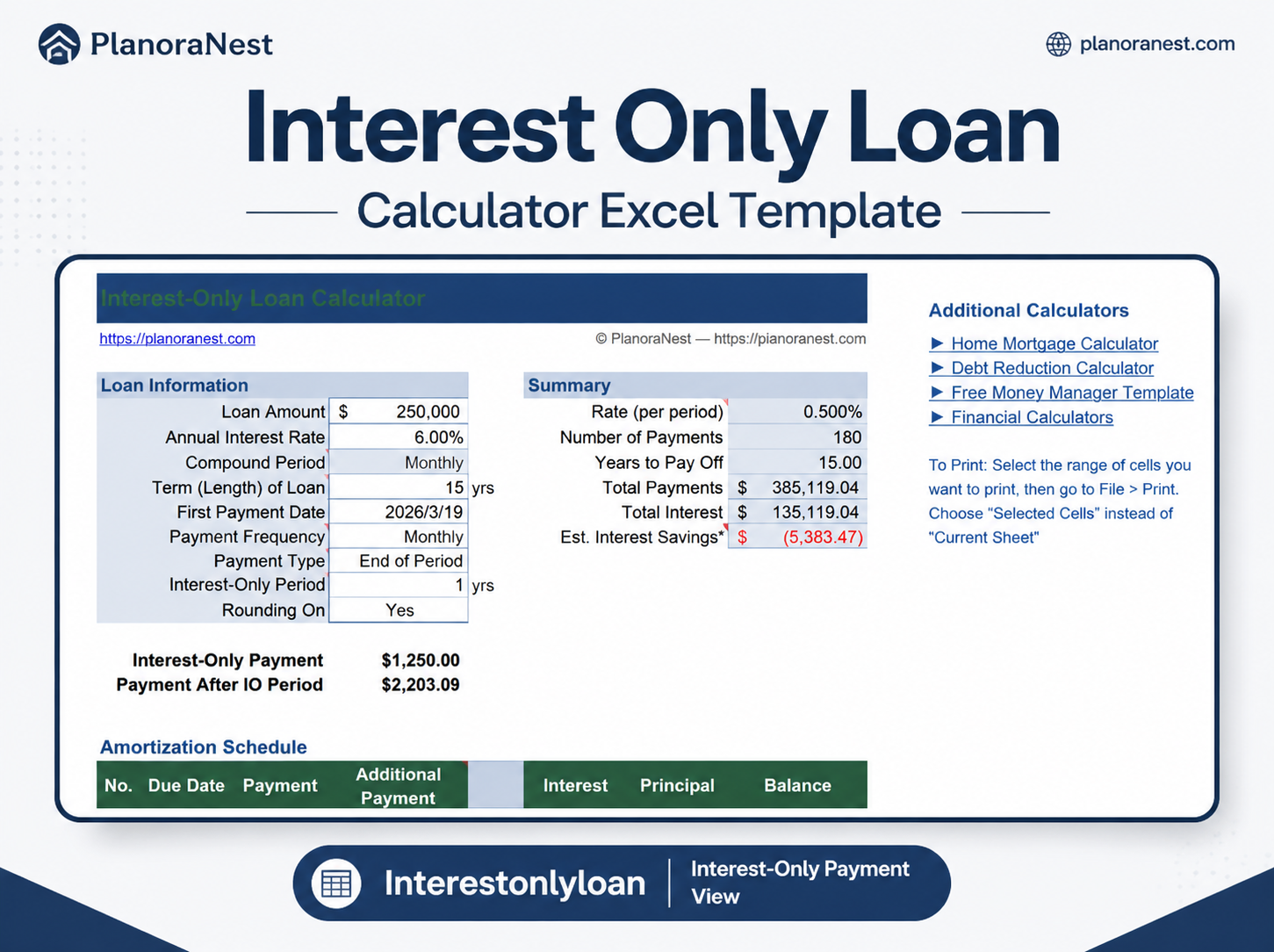 interest only loan calculator excel template — InterestOnlyLoan sheet