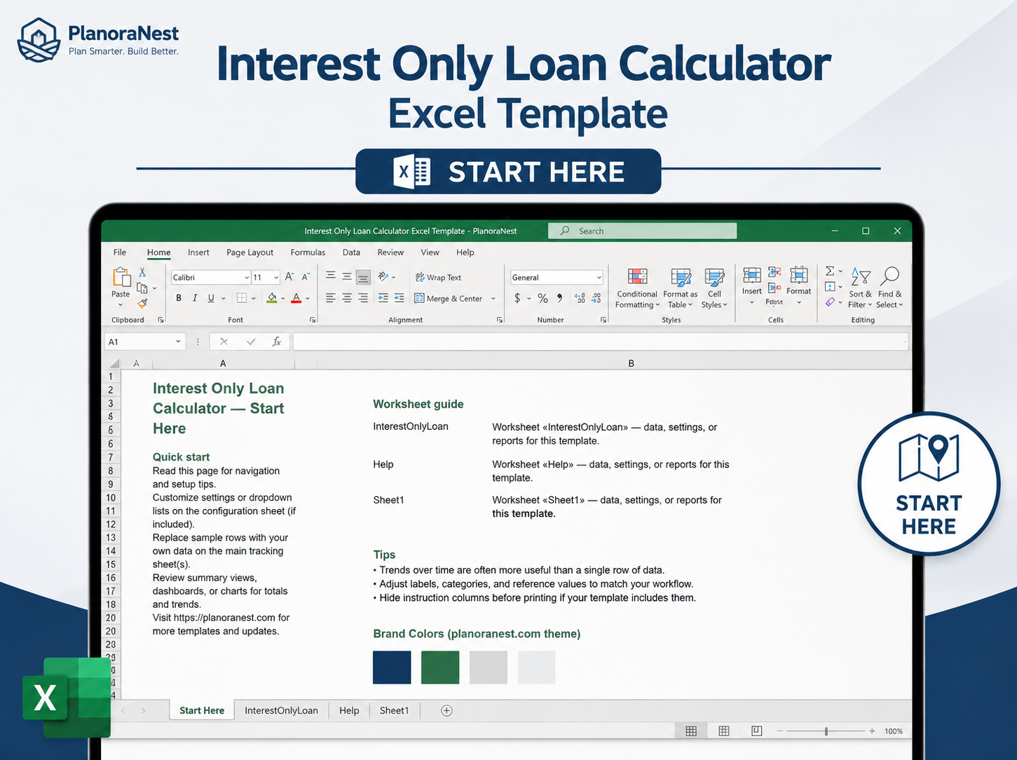 interest only loan calculator excel template — Start Here sheet