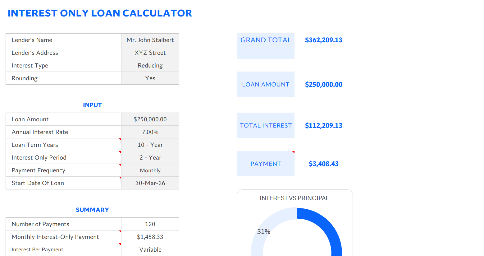 excel interest-only loan payment calculator excel template screenshot — PlanoraNest Excel template