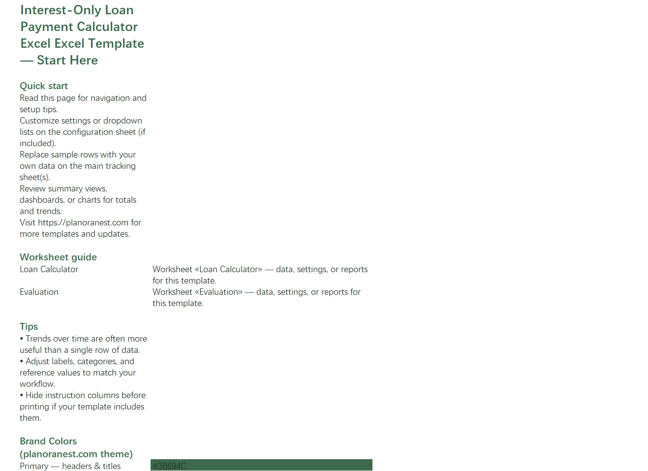 interest-only loan payment calculator excel excel start here screenshot — PlanoraNest Excel template