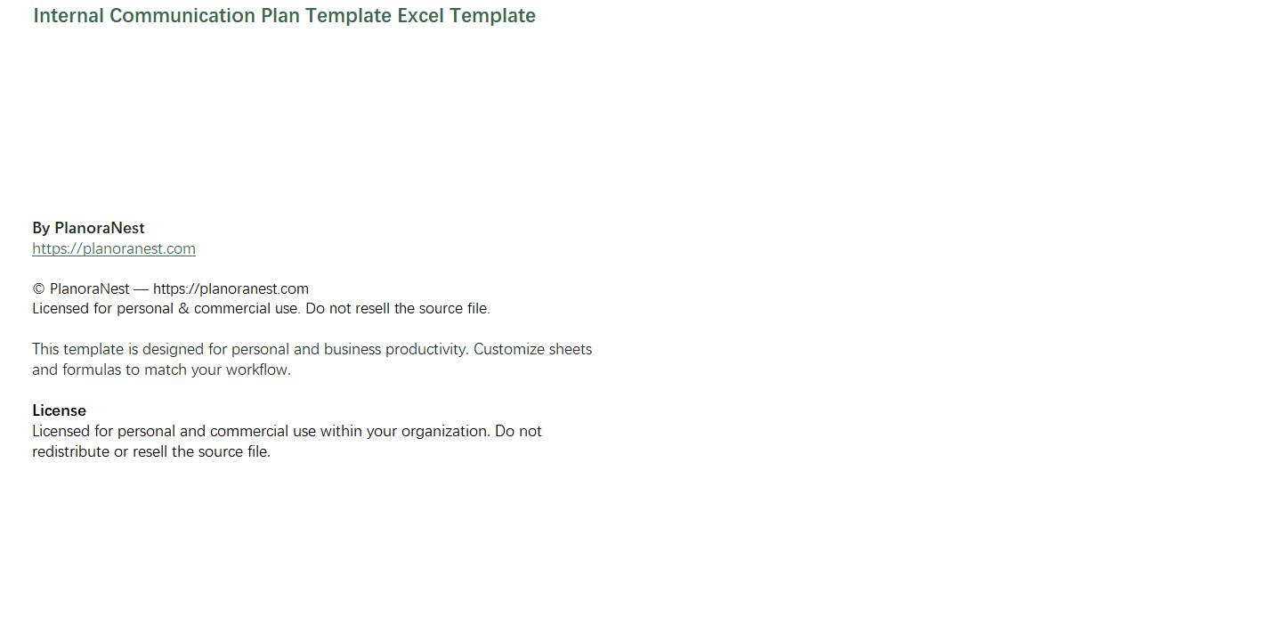 internal communication plan template excel screenshot — PlanoraNest Excel template