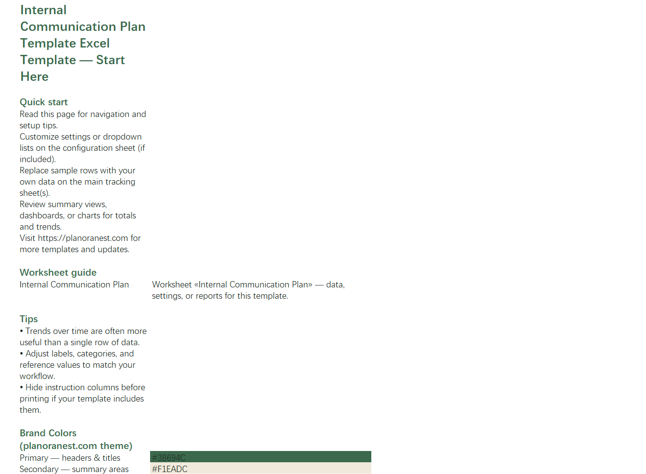 internal communication plan template excel start here screenshot — PlanoraNest Excel template