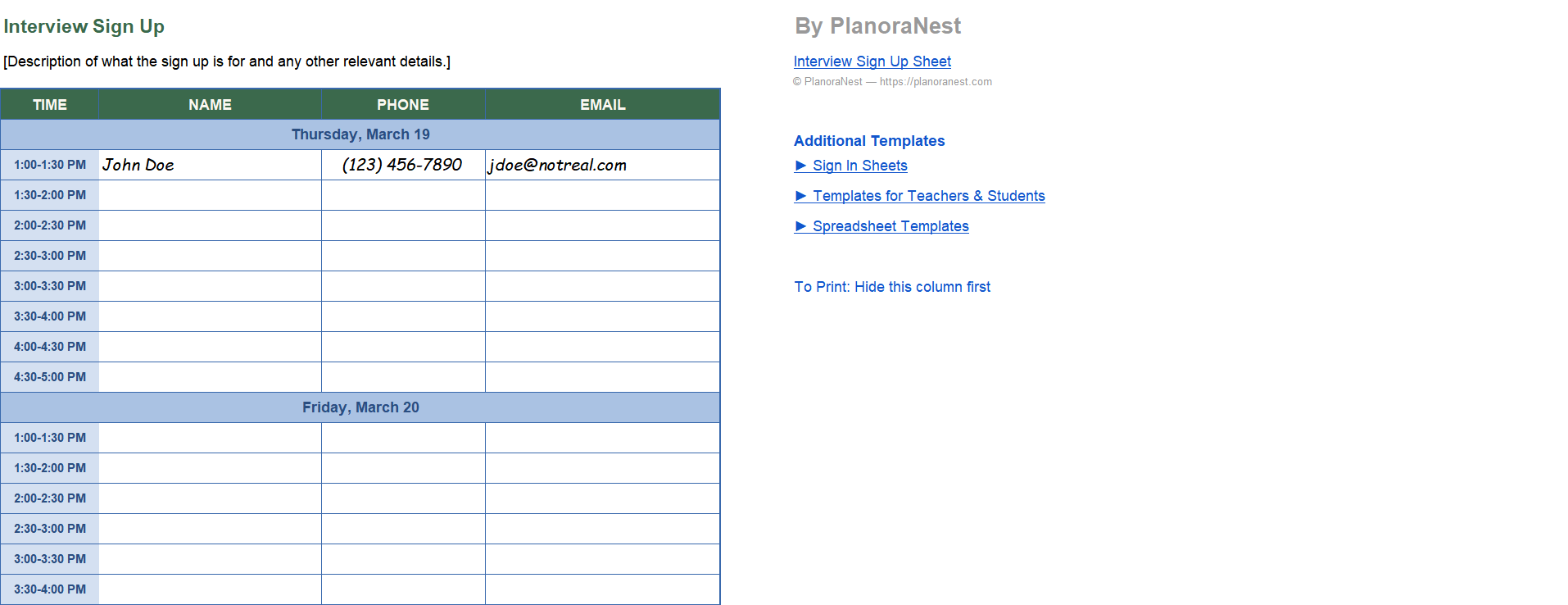 interview sign up sheet excel template — InterviewSignup sheet