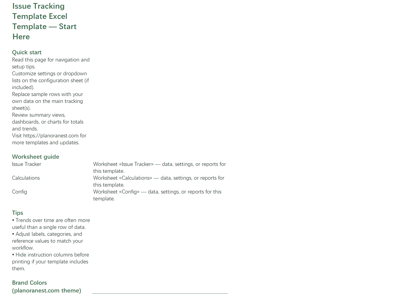 issue tracking template excel template start here screenshot — PlanoraNest Excel template