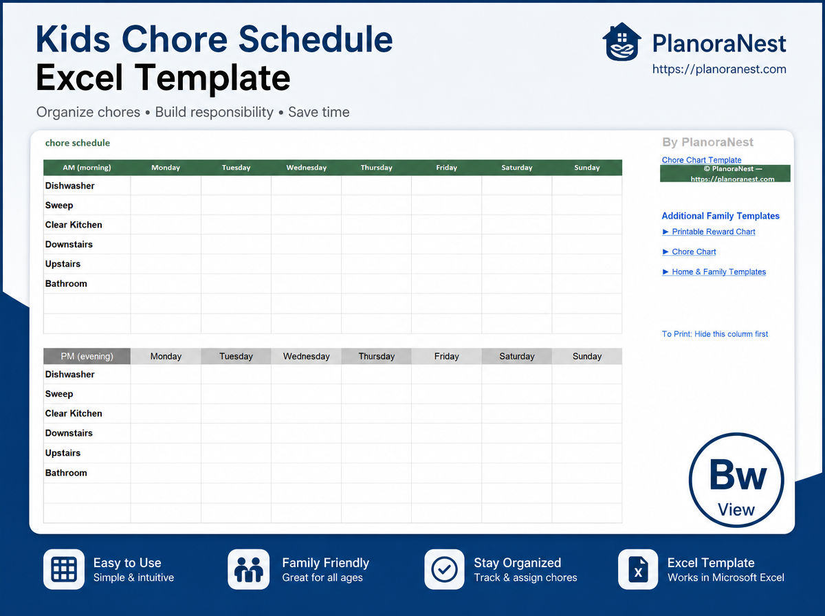kids chore schedule excel template — BW sheet