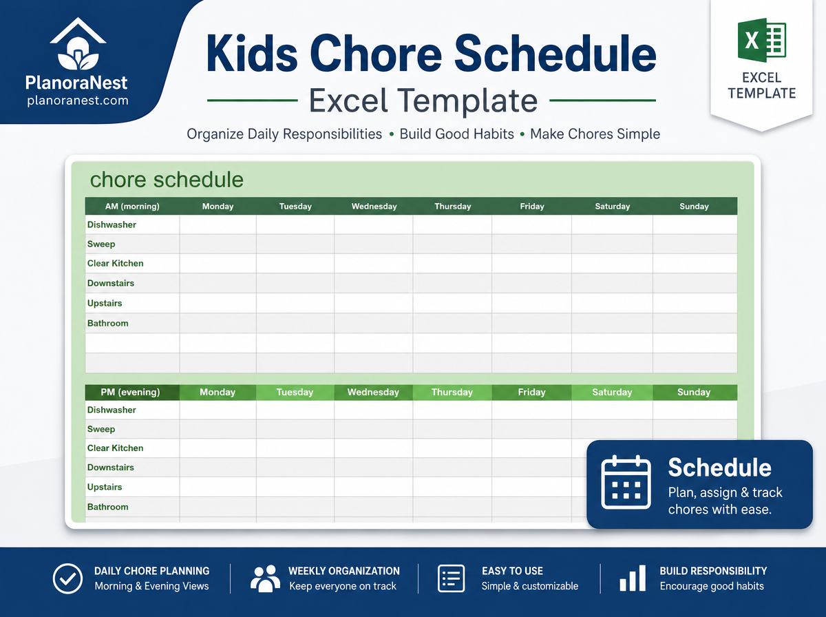 excel kids chore schedule template screenshot — PlanoraNest Excel template