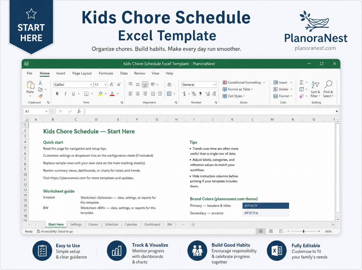 kids chore schedule excel template — Start Here sheet