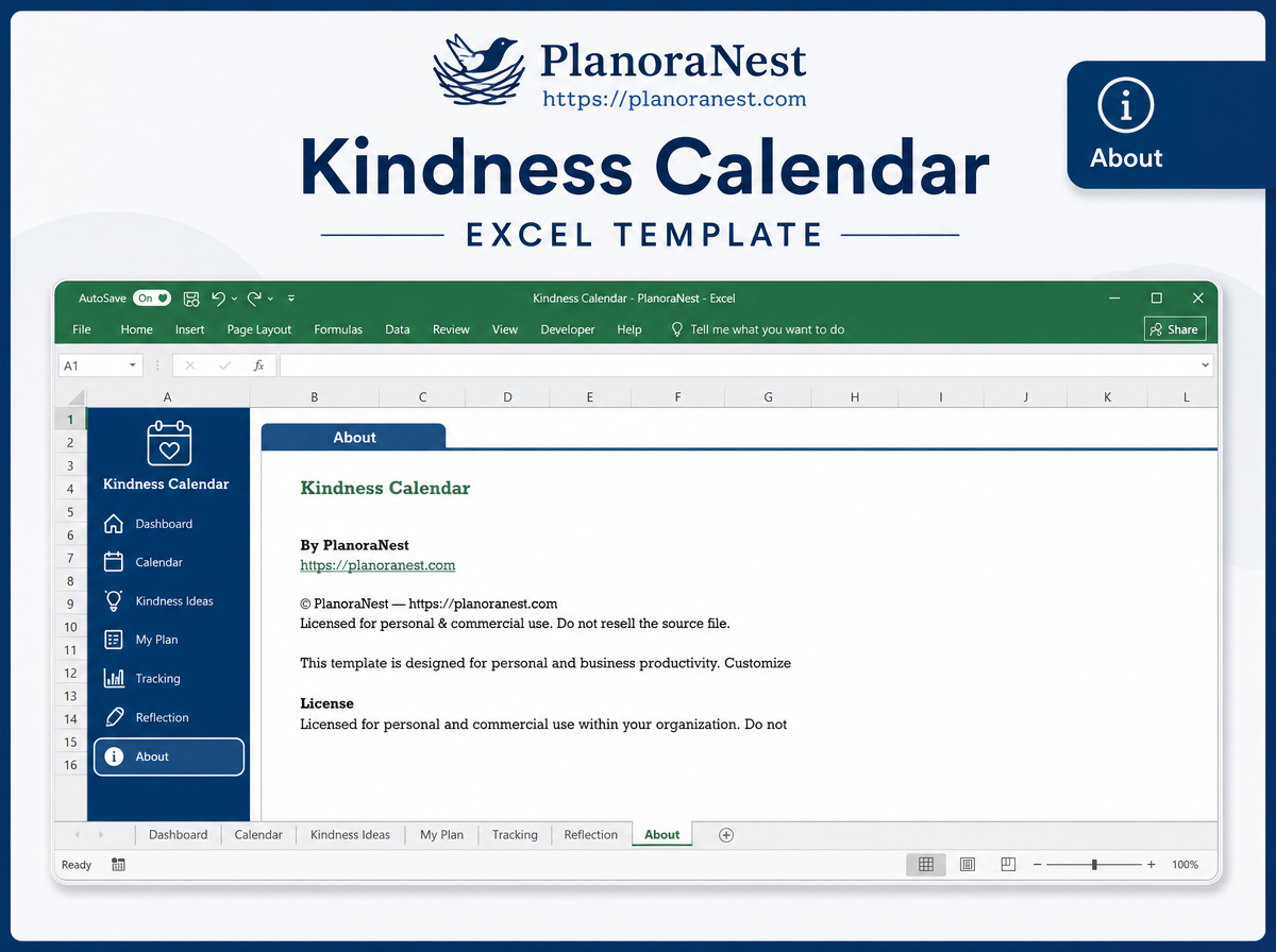 kindness calendar excel template — Calendar sheet