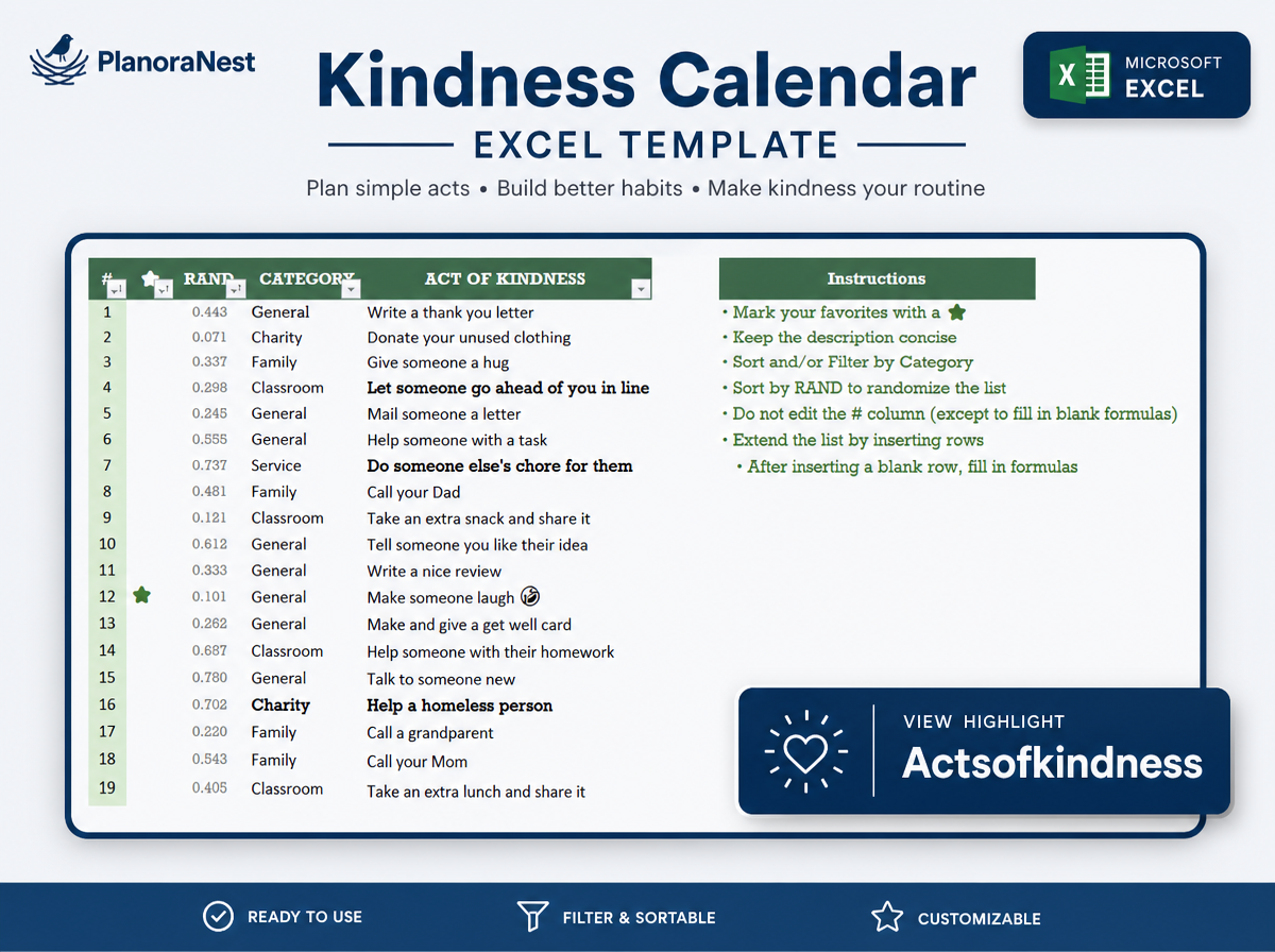 kindness calendar excel template — ActsOfKindness sheet