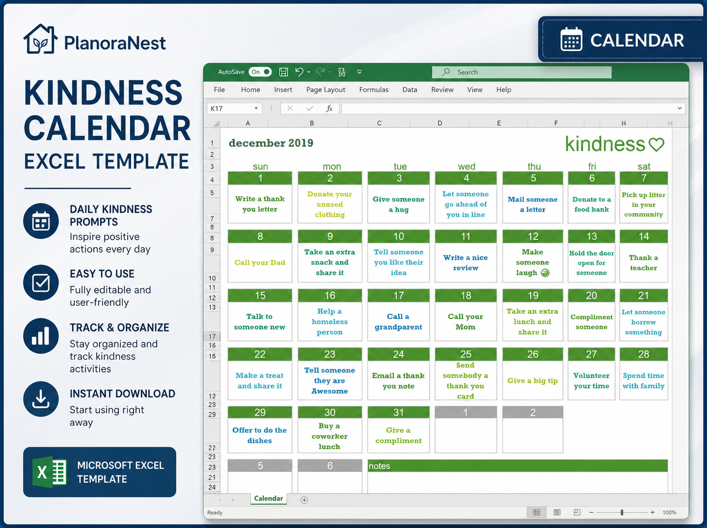 excel kindness calendar template screenshot — PlanoraNest Excel template
