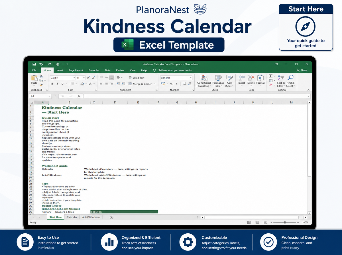 kindness calendar excel template — Start Here sheet