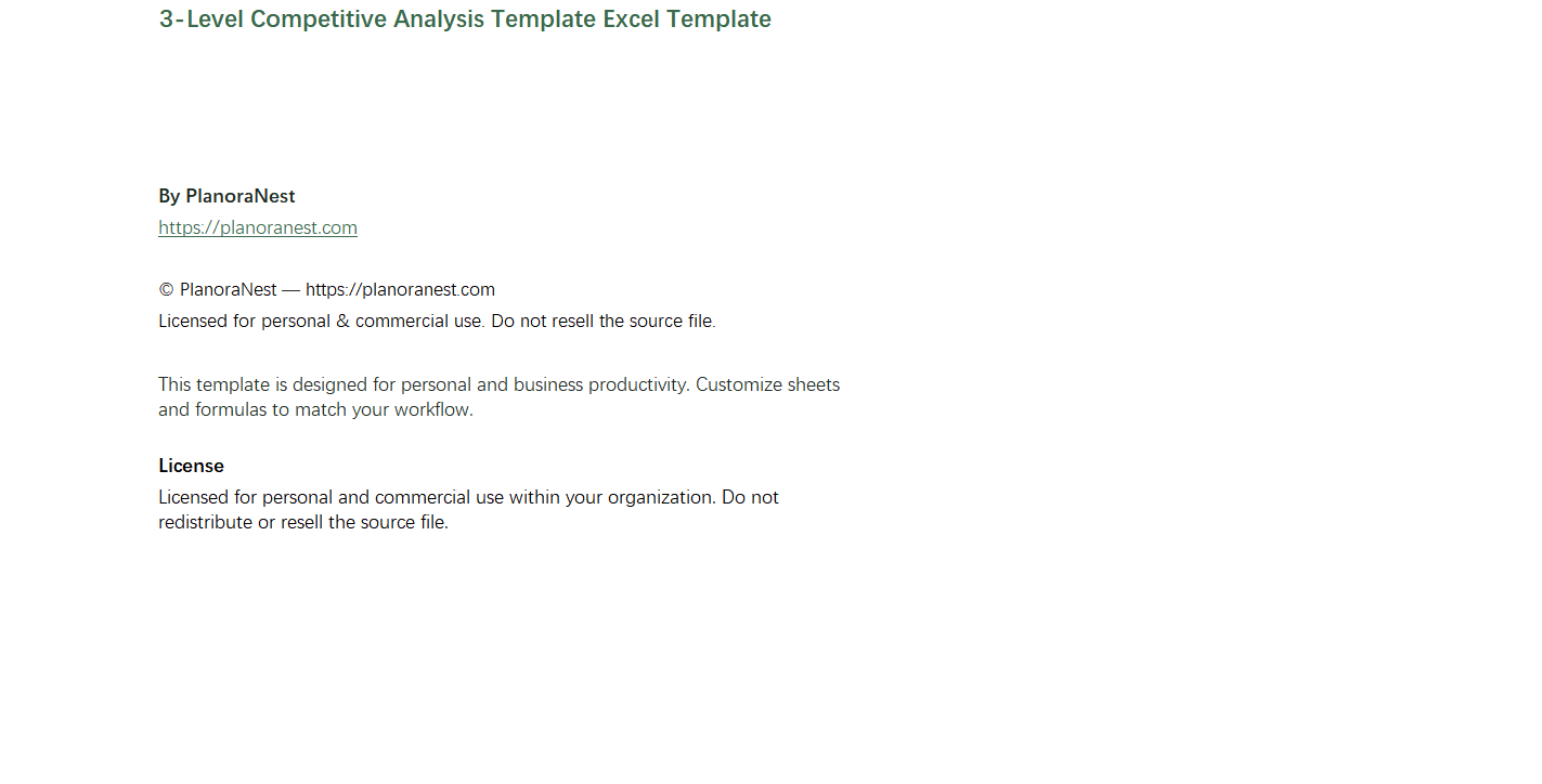 excel 3-level competitive analysis template template screenshot — PlanoraNest Excel template