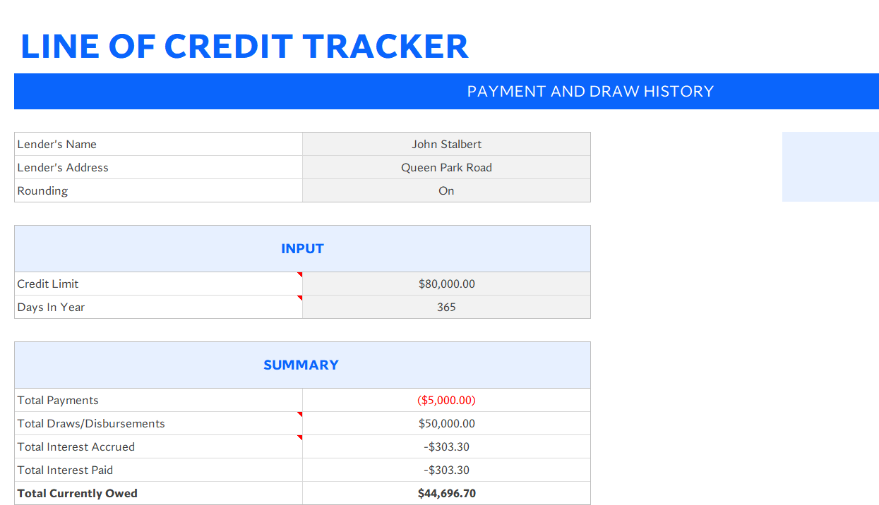 line of credit tracker excel excel screenshot — PlanoraNest Excel template