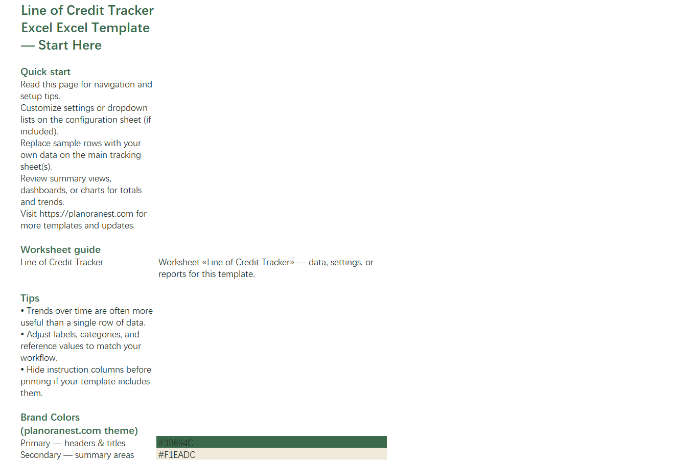 excel line of credit tracker excel template start here screenshot — PlanoraNest Excel template