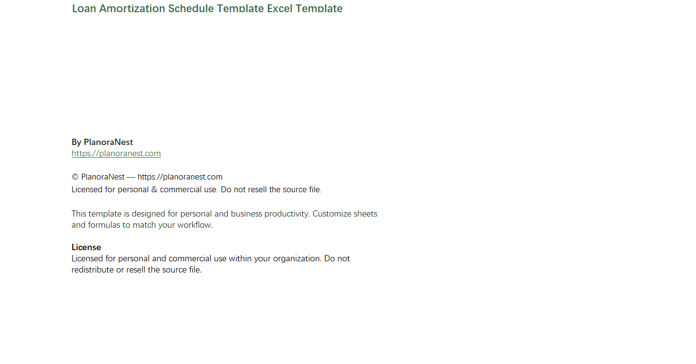 loan amortization schedule template excel screenshot — PlanoraNest Excel template